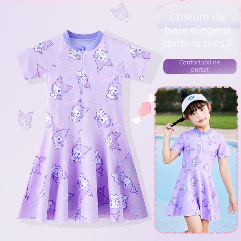 Costum de baie pentru fete, imprimeu cu desene animate, costum întreg cu croială rochie-fustă pentru antrenament în piscină, 12–14 ani