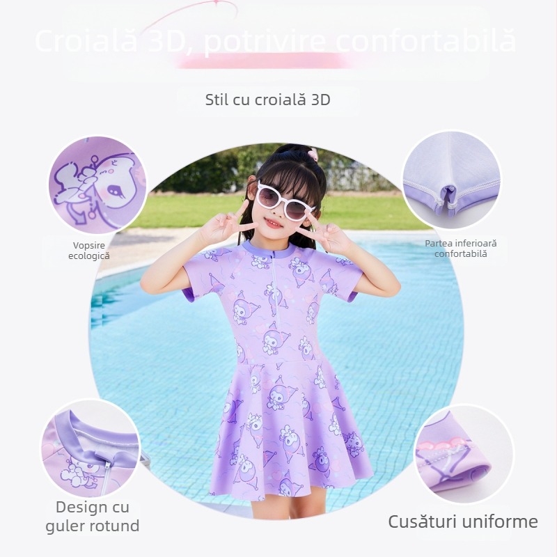 Costum de baie pentru fete, imprimeu cu desene animate, costum întreg cu croială rochie-fustă pentru antrenament în piscină, 12–14 ani