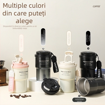 Cană izolată de cafea din oțel inoxidabil 304, cu pai, portabilă pentru cafea și lapte