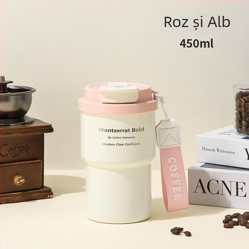 Cană izolată de cafea din oțel inoxidabil 304, cu pai, portabilă pentru cafea și lapte
