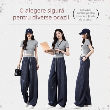 Jeans pentru femei cu strasuri strălucitoare, vară 2026, subțiri și elastici, croială lejeră drept, talie înaltă, picioare largi, stil banană