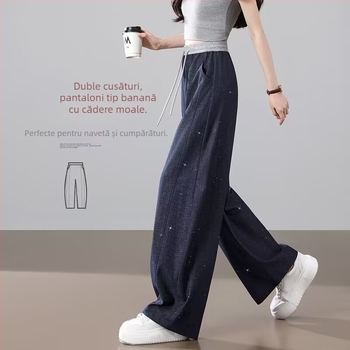 Jeans pentru femei cu strasuri strălucitoare, vară 2026, subțiri și elastici, croială lejeră drept, talie înaltă, picioare largi, stil banană