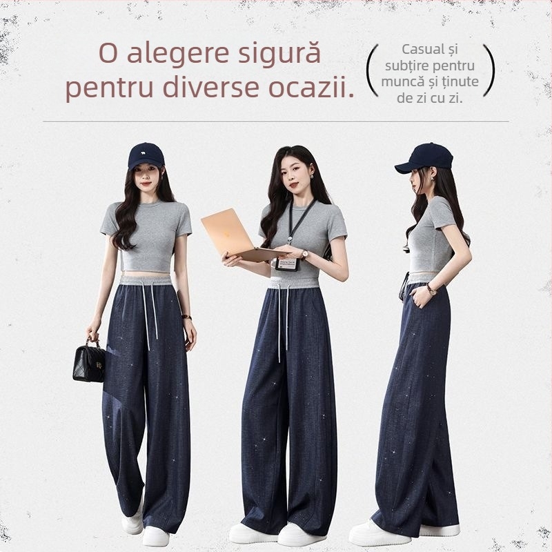 Jeans pentru femei cu strasuri strălucitoare, vară 2026, subțiri și elastici, croială lejeră drept, talie înaltă, picioare largi, stil banană