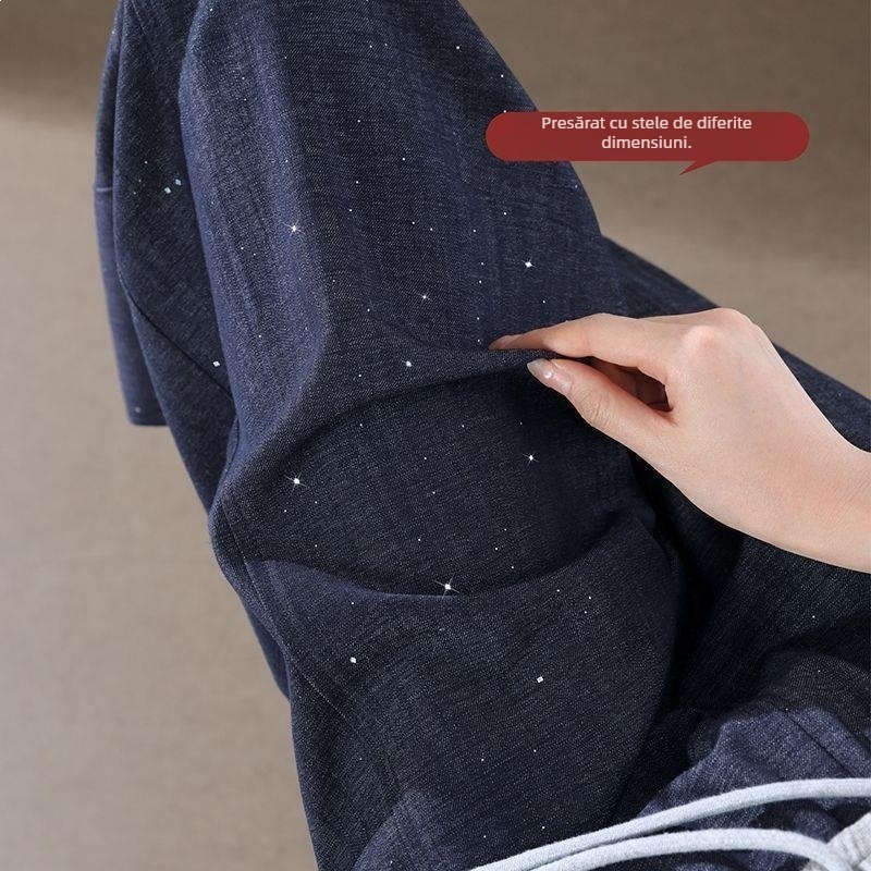 Jeans pentru femei cu strasuri strălucitoare, vară 2026, subțiri și elastici, croială lejeră drept, talie înaltă, picioare largi, stil banană