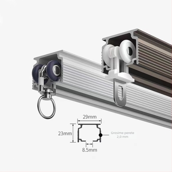 Şină pentru perdele din aluminiu, cu secțiune îngroșată, sistem de glisare cu două canale, role silențioase și accesorii pentru tijă romană