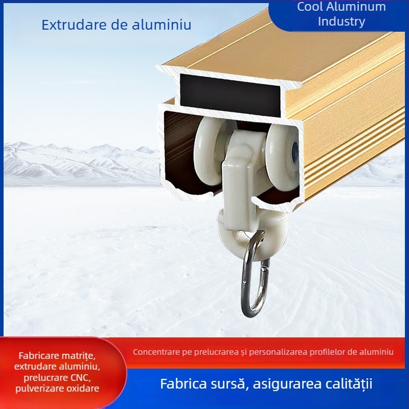 Şină pentru perdele din aluminiu, cu secțiune îngroșată, sistem de glisare cu două canale, role silențioase și accesorii pentru tijă romană