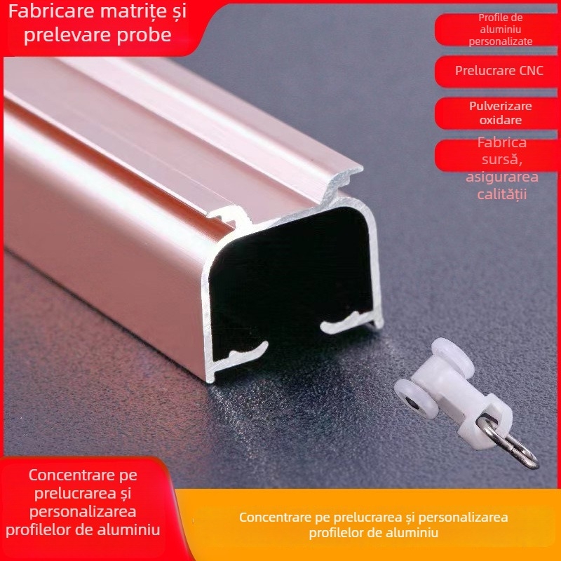 Şină pentru perdele din aluminiu, cu secțiune îngroșată, sistem de glisare cu două canale, role silențioase și accesorii pentru tijă romană