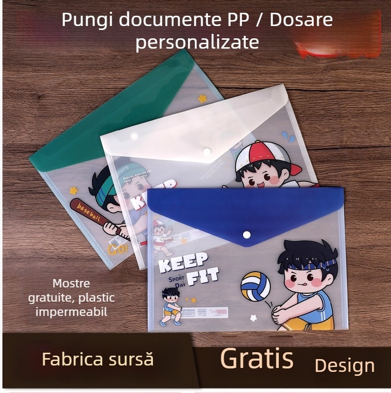 Geantă PP transparentă pentru fișiere, A4, organizator de documente, cu închidere cu clapă și imprimare a logo-ului