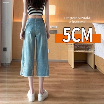Jeans vintage cu rupuri, croiala dreaptă, talie înaltă, lungime cropped, croi relaxat, vară, look nostalgic