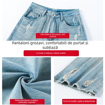 Jeans vintage cu rupuri, croiala dreaptă, talie înaltă, lungime cropped, croi relaxat, vară, look nostalgic