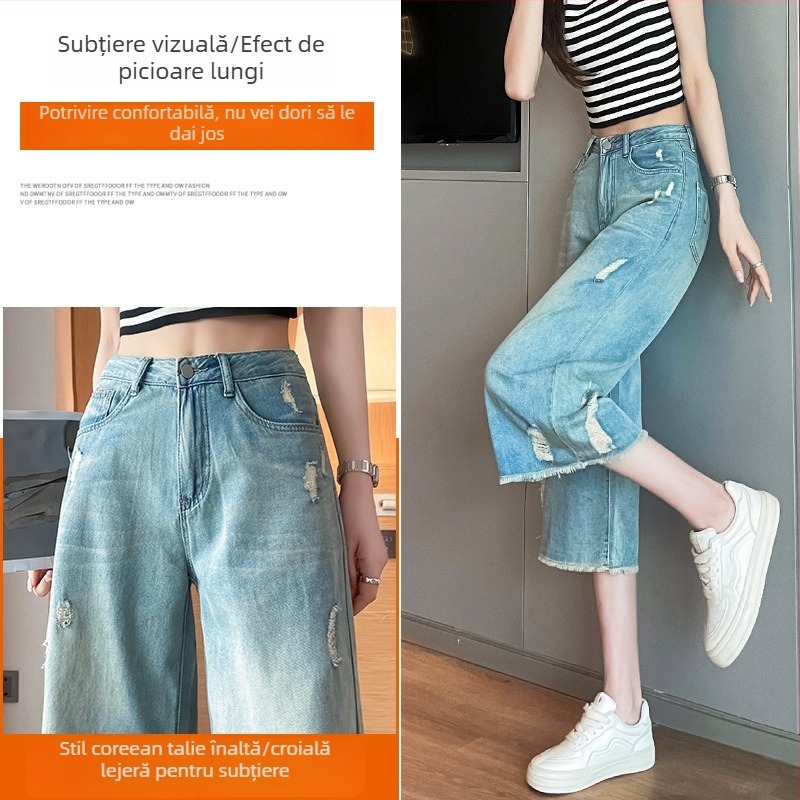 Jeans vintage cu rupuri, croiala dreaptă, talie înaltă, lungime cropped, croi relaxat, vară, look nostalgic