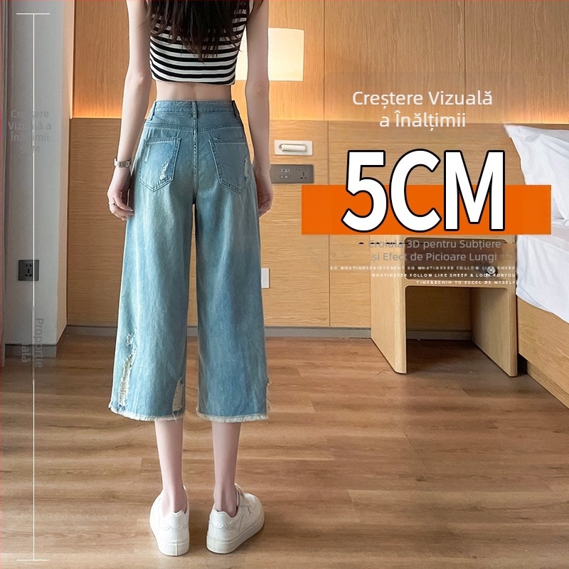 Jeans vintage cu rupuri, croiala dreaptă, talie înaltă, lungime cropped, croi relaxat, vară, look nostalgic
