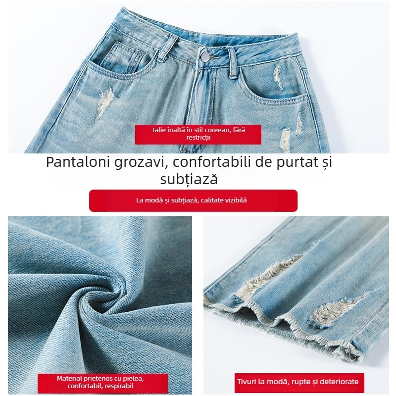 Jeans vintage cu rupuri, croiala dreaptă, talie înaltă, lungime cropped, croi relaxat, vară, look nostalgic