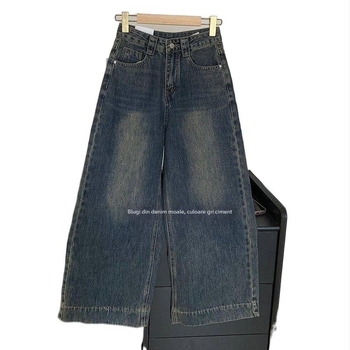 Blugi de damă din denim gri ciment, cropped, talie înaltă, largi, stil coreean, vară 2026