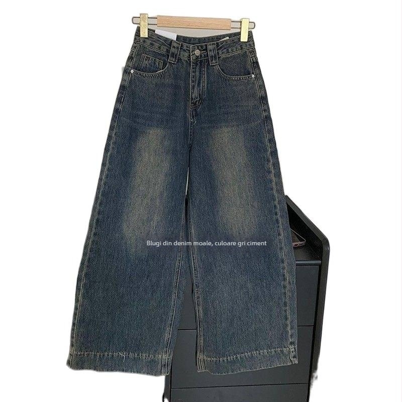 Blugi de damă din denim gri ciment, cropped, talie înaltă, largi, stil coreean, vară 2026