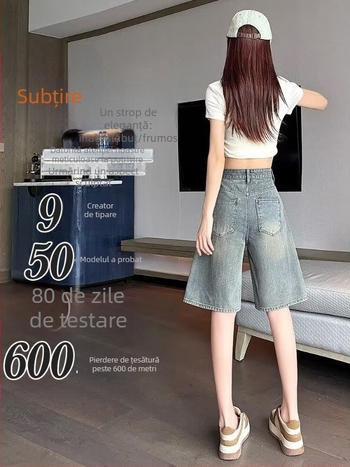 Shorturi din denim pentru femei, mărime plus, stil american, vară ușoară, talie înaltă, rupte, croială lejeră, picioare largi, lungime până la genunchi