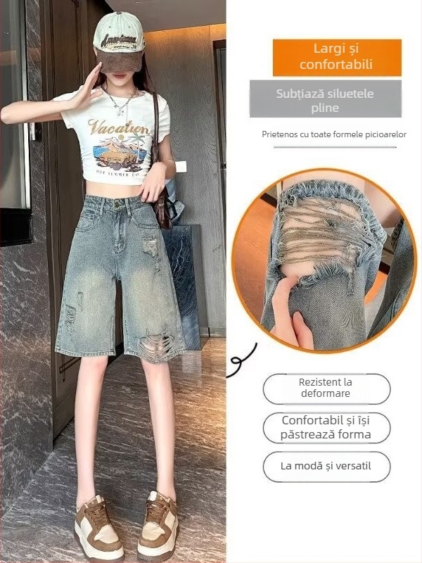Shorturi din denim pentru femei, mărime plus, stil american, vară ușoară, talie înaltă, rupte, croială lejeră, picioare largi, lungime până la genunchi