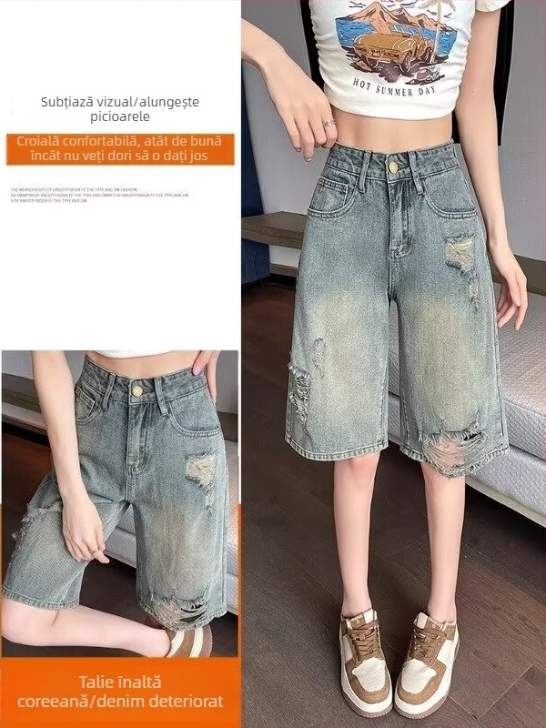 Shorturi din denim pentru femei, mărime plus, stil american, vară ușoară, talie înaltă, rupte, croială lejeră, picioare largi, lungime până la genunchi