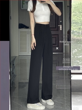 Pantaloni largi pentru femei, talie înaltă, croială drapată, negri, stil casual coreean pentru siluete mici
