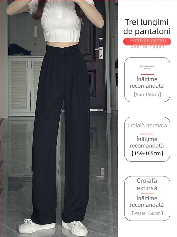 Pantaloni largi pentru femei, talie înaltă, croială drapată, negri, stil casual coreean pentru siluete mici