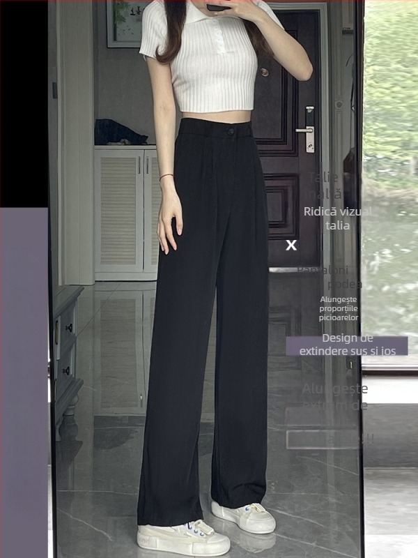 Pantaloni largi pentru femei, talie înaltă, croială drapată, negri, stil casual coreean pentru siluete mici