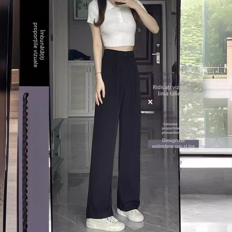 Pantaloni largi pentru femei, talie înaltă, croială drapată, negri, stil casual coreean pentru siluete mici
