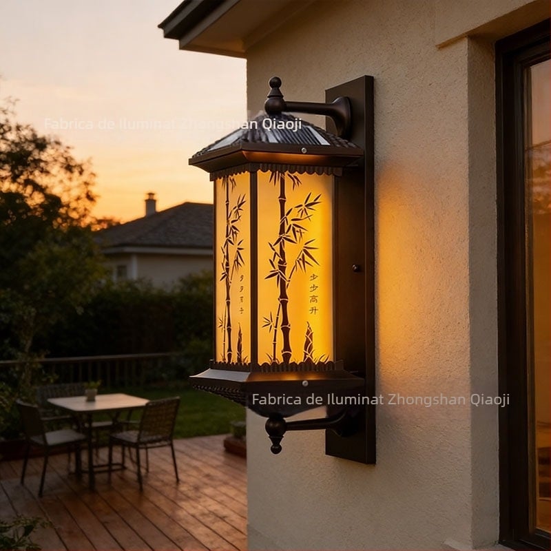 Lampă de perete solară în stil chinezesc, pentru exterior, impermeabilă pentru grădină; lampă de poartă a vilei cu coloană romană