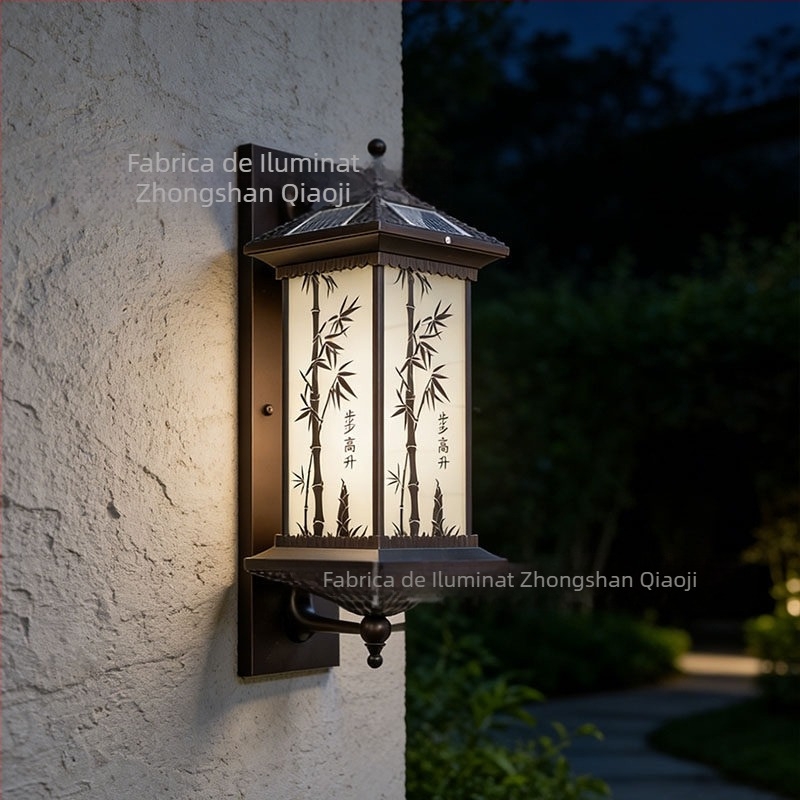 Lampă de perete solară în stil chinezesc, pentru exterior, impermeabilă pentru grădină; lampă de poartă a vilei cu coloană romană