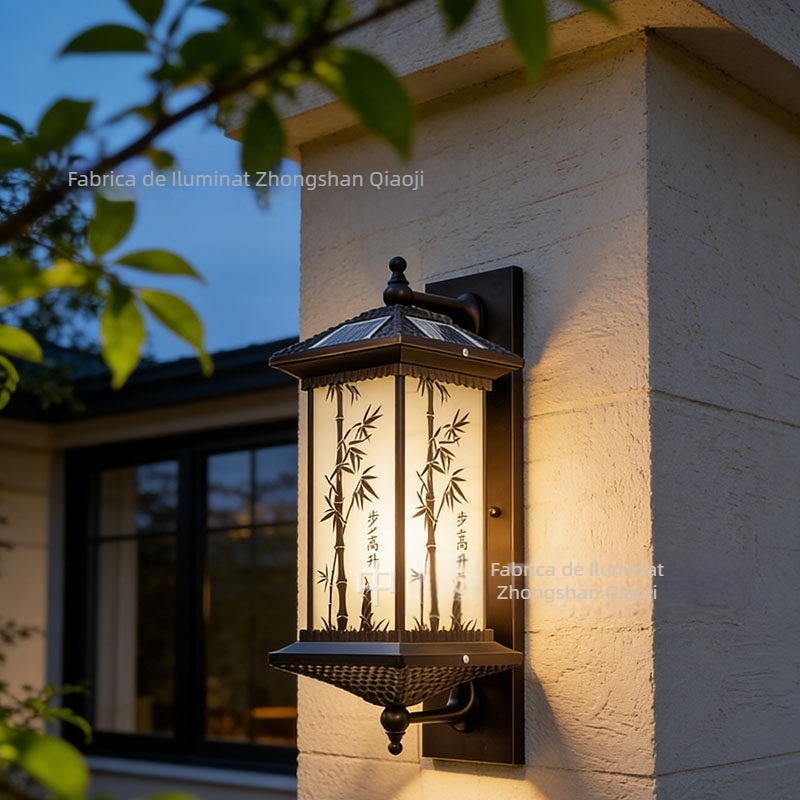 Lampă de perete solară în stil chinezesc, pentru exterior, impermeabilă pentru grădină; lampă de poartă a vilei cu coloană romană