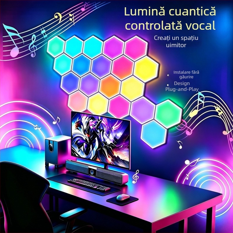 Lumină ambientală hexagonală cuantică pentru camera de gaming — mozaic DIY în formă de fag, lumină colorată, activată prin sunet, lampă de perete pentru dormitor