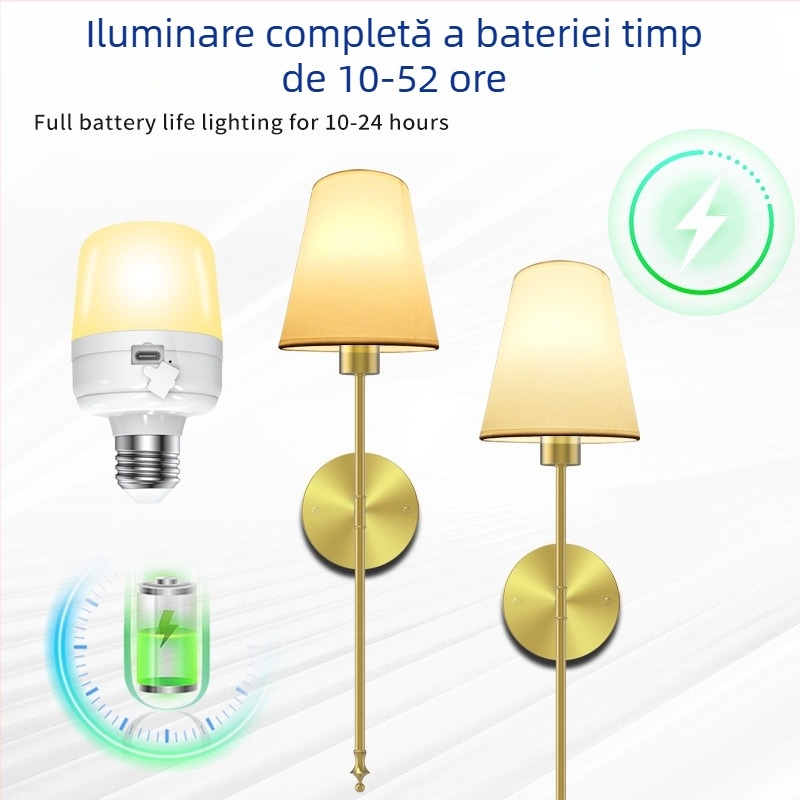 Abajur din stofă auriu LED, lampă de perete, fără cablare, reglabilă, pentru hoteluri și holuri