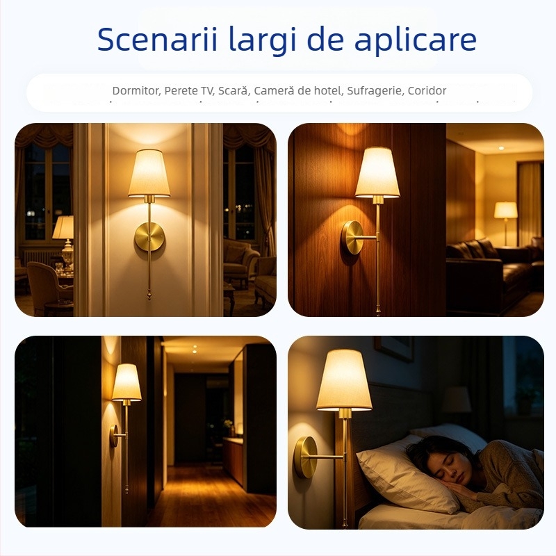 Abajur din stofă auriu LED, lampă de perete, fără cablare, reglabilă, pentru hoteluri și holuri