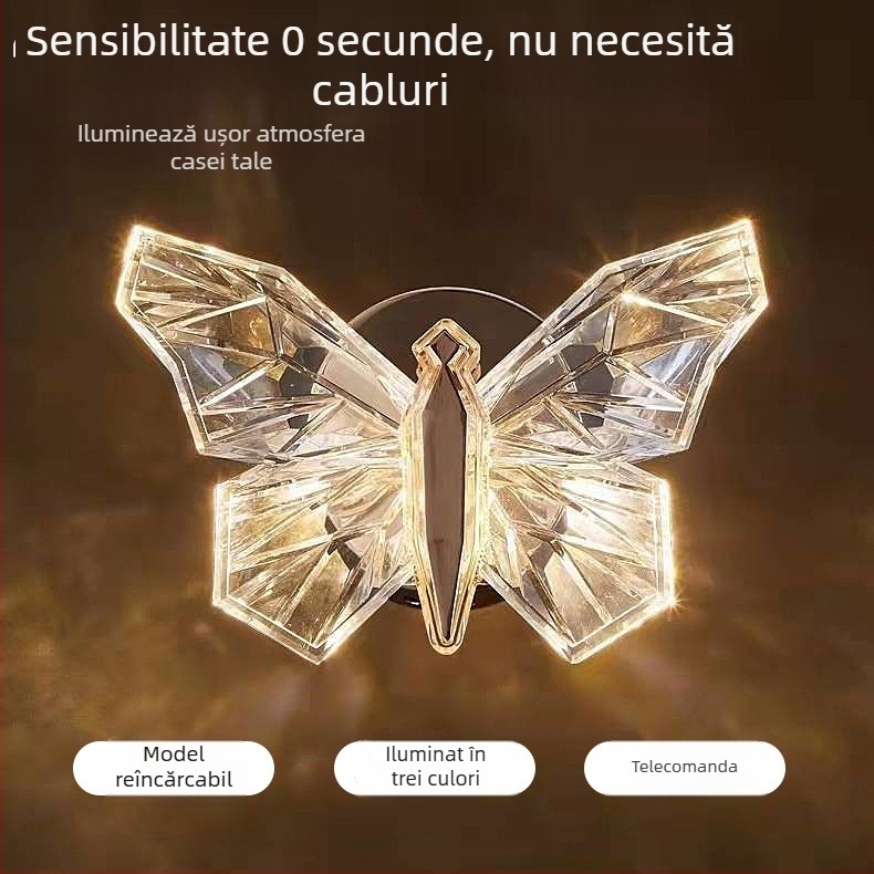 Lampă de perete din cristal în formă de fluture, senzor de mișcare, reîncărcabilă, telecomandă, fixare magnetică, fără găuri, reglaj continuu al intensității, lampă decorativă ambientală