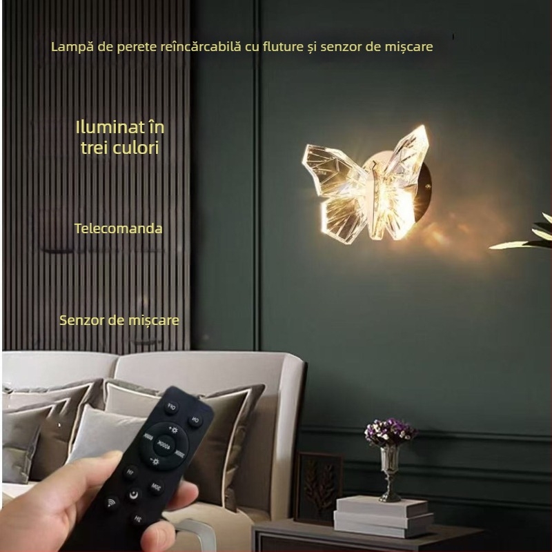 Lampă de perete din cristal în formă de fluture, senzor de mișcare, reîncărcabilă, telecomandă, fixare magnetică, fără găuri, reglaj continuu al intensității, lampă decorativă ambientală