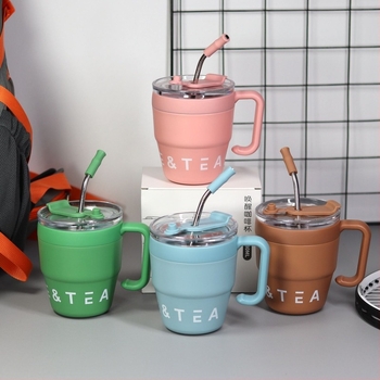 Cană termoizolantă pentru cafea cu mâner și pai, 480 ml, oțel inoxidabil, birou, stil modern