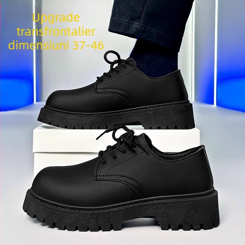 Pantofi Derby din piele pentru bărbați, toamnă 2024, cu creștere înălțime, negri, stil britanic, vârf rotund, pentru uz casual și formal