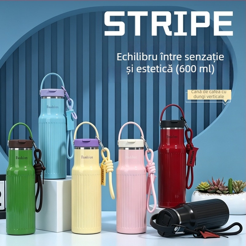 Ceașă izolată din oțel inoxidabil 316, capacitate mare, portabilă, cu pai, pentru birou, cafea cu finisaj în vene verticale.