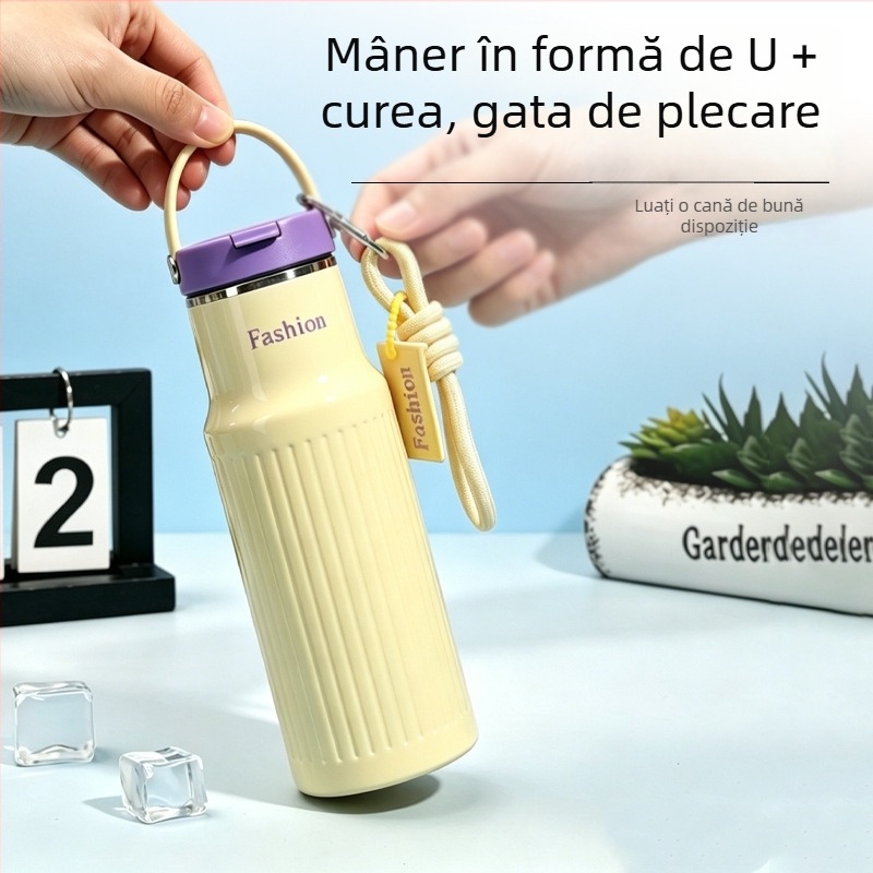 Ceașă izolată din oțel inoxidabil 316, capacitate mare, portabilă, cu pai, pentru birou, cafea cu finisaj în vene verticale.