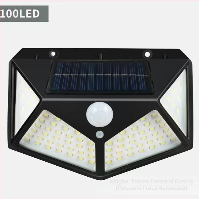 Lampă de perete solară cu senzor pentru exterior, impermeabilă, control inteligent al iluminării, 100 LED
