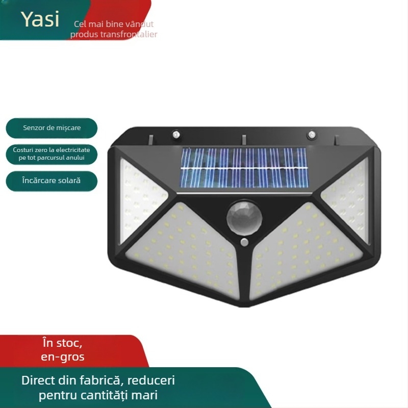 Lampă de perete solară cu senzor pentru exterior, impermeabilă, control inteligent al iluminării, 100 LED