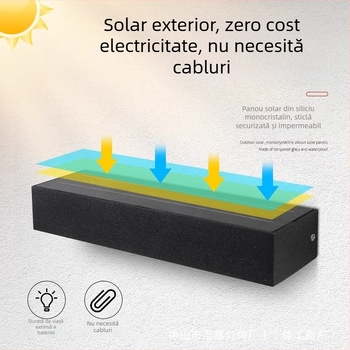 Lumină solară de exterior pentru perete, design drept, iluminare tip wall washer pentru curte și semn de ușă, LED