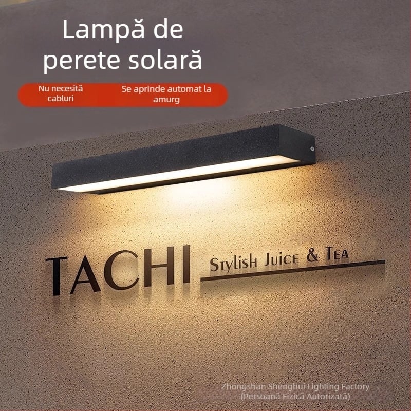 Lumină solară de exterior pentru perete, design drept, iluminare tip wall washer pentru curte și semn de ușă, LED