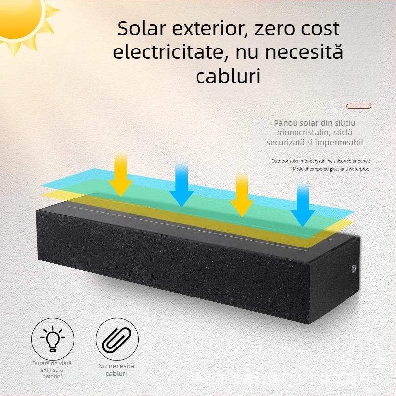 Lumină solară de exterior pentru perete, design drept, iluminare tip wall washer pentru curte și semn de ușă, LED