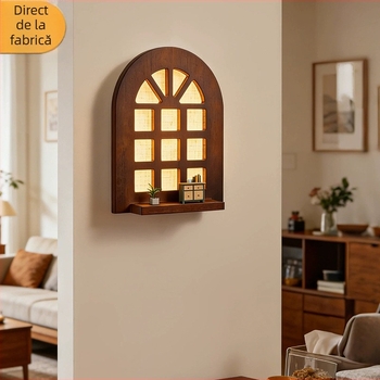 Lampă de perete în stil francez vintage, cu design de fereastră arcuită, inspirație Wabi-Sabi, poate servi ca raft, lampă din lemn masiv de nuc pentru hol și dormitor