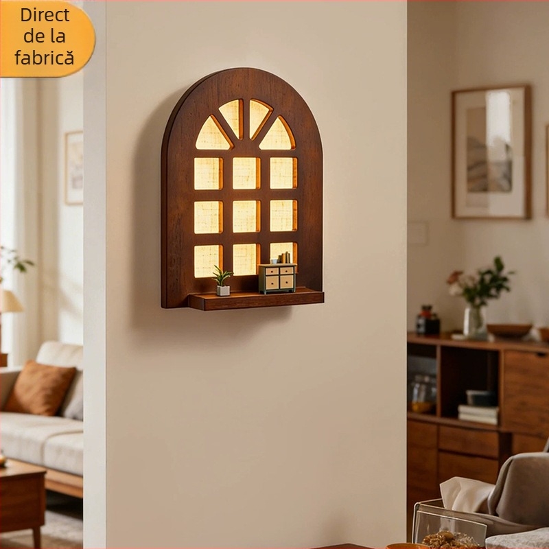 Lampă de perete în stil francez vintage, cu design de fereastră arcuită, inspirație Wabi-Sabi, poate servi ca raft, lampă din lemn masiv de nuc pentru hol și dormitor