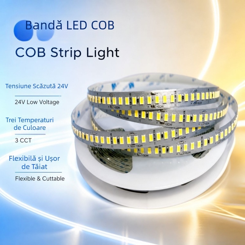 Bandă LED COB flexibilă, 180 de LEDuri, 3 temperaturi de culoare, 24V, LED 2835 pentru decor de tavan și scări