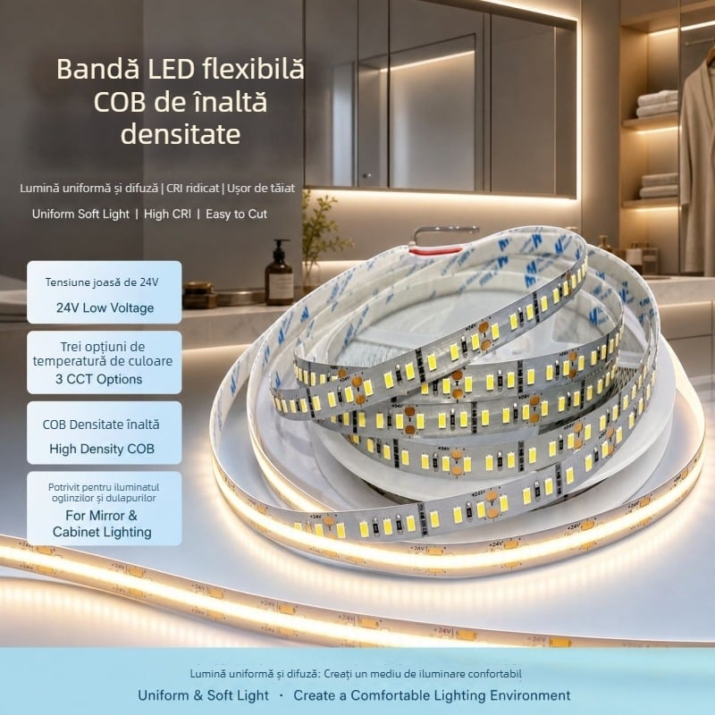 Bandă LED COB flexibilă, 24V, temperatură de culoare în trei nuanțe, iluminare inteligentă pentru oglindă, baie și dulapuri