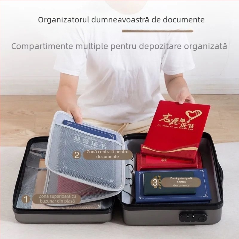 Organizator de documente cu lacăt, cu mai multe compartimente, capacitate mare pentru pașapoarte și carduri