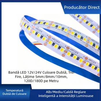 Bandă LED cu temperatură dublă a culorii și reglare inteligentă a intensității, 120/180 LED-uri, 12/24V DC, suporturi din cupru (5mm/8mm)