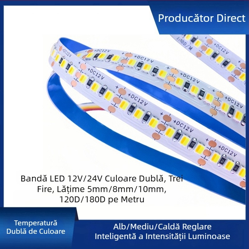 Bandă LED cu temperatură dublă a culorii și reglare inteligentă a intensității, 120/180 LED-uri, 12/24V DC, suporturi din cupru (5mm/8mm)